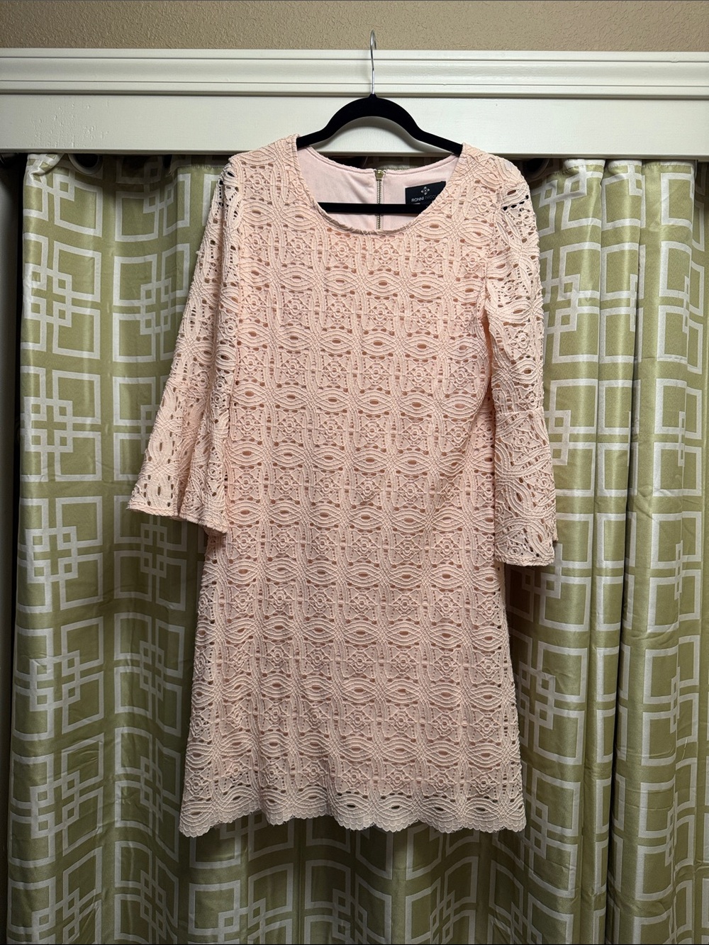 Ronni Nicole Blush Pink Lace Shift Dress with Bell Sleeves